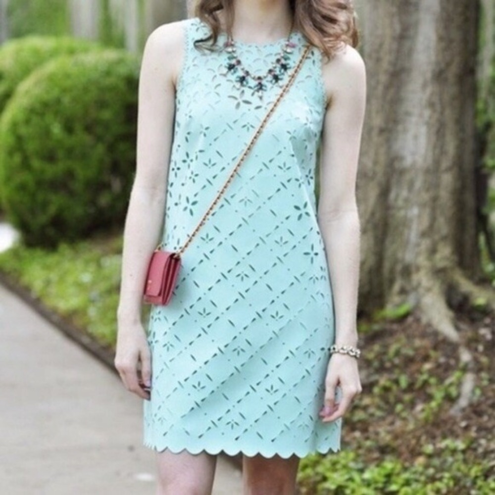J CREW Laser Cut Floral Shift Dress 6 Misty Green Royal Pains Scallop Mini